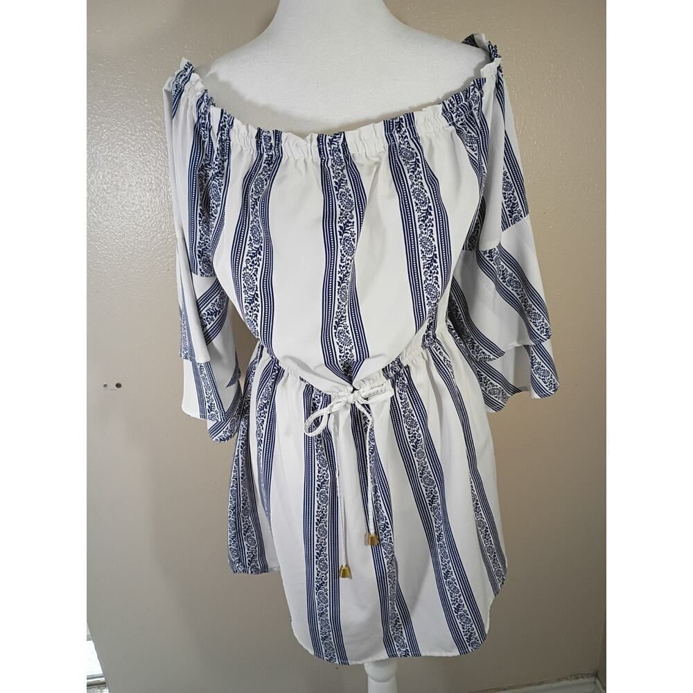 Hint Of Blush Top/Dress White Blue Paisley Stripe Tie Waist Bell Sleeves Sz XL